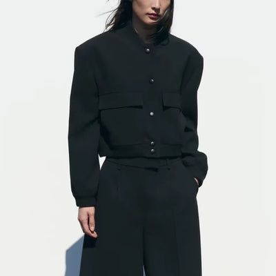 TRAF Women's Bomber Jacket Long Sleeve Coat with Pockets Retro Front Button Jacket Elegant High Street Jacket New Jacket Tops