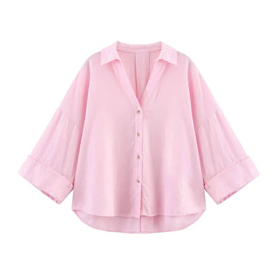 HipSeam Wide Sleeved Shirt Women Spring Asymmetric Hem Button Women's Shirts Simple Lady Johnny Collar Linen Shirts & Blouses