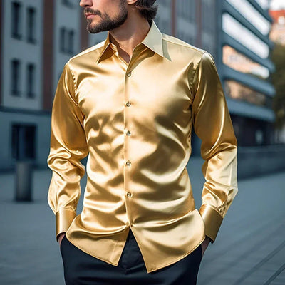 Elegant Satin Silk Men's Dress Shirt Slim Fit Long Sleeve Cocktail Party Luxury Button Down Casual Suit Shirt