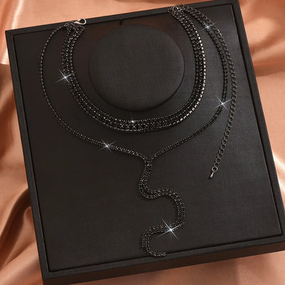 1 piece women's fashion multi-layered tassel necklace with black rhinestones long snake bone chain necklace for women's daily we