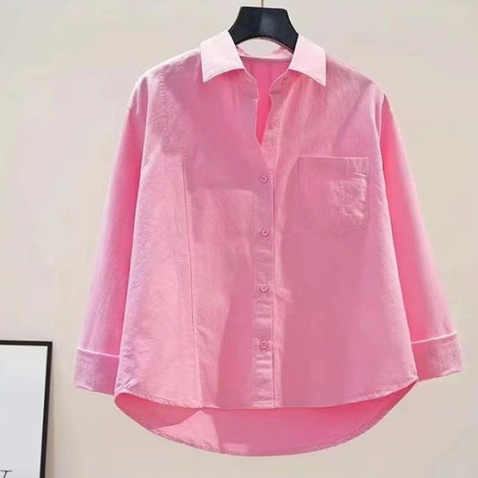 Shirt And Blouse Turn-down Neck Solid Long Sleeved Loose Women Top Casual Single Breasted Spring Simple Streetwear Pink Clothing