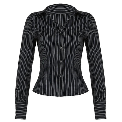 Chic Elegant Striped Button-up Shirt Black Casual Basic Women Slim-fitting Blouse Vintage Turn-down Collar Long Sleeve Tops