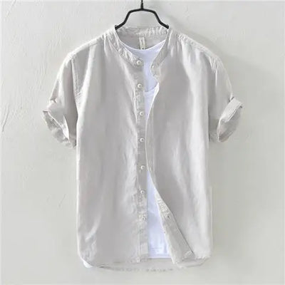 Short-sleeved Shirt Men's Stand Collar Loose Retro Thin Breathable Versatile Inch Clothes Dark Blue Cotton Linen Simple Casual