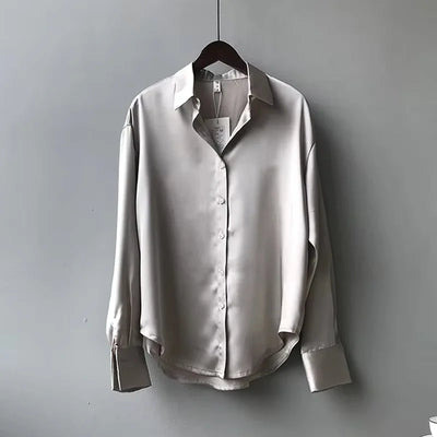 Women Shirt Turn-down Collar Solid Color Satin Blouses Fashion Autumn Office Lady Elegant Tops Spring Long Sleeve Clothing