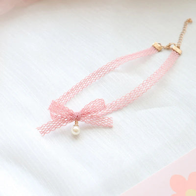Fashion Choker Necklace For Women Lovely Pink Lace Pearl Heart Pendant Short Clavicle Necklace Aesthetic Jewelry Gift For Her