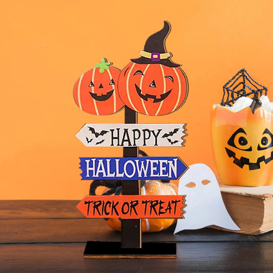 Halloween Wooden Sign Decor with Pumpkins - "Happy Halloween" & "Trick or Treat"