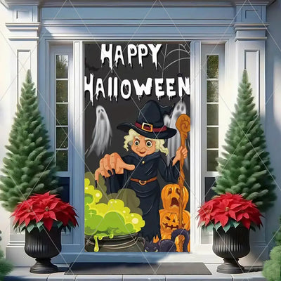 Horror Halloween Theme Background Vertical Hanging Cloth Door Decoration Witch  Bat Backdrop Supplies Room Decor Props Kid Gifts
