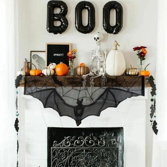 New Halloween Lace Curtain Gothic Bat Tablecloth Fireplace Scarf Window Cover For Party Home Decoration Cobweb Halloween