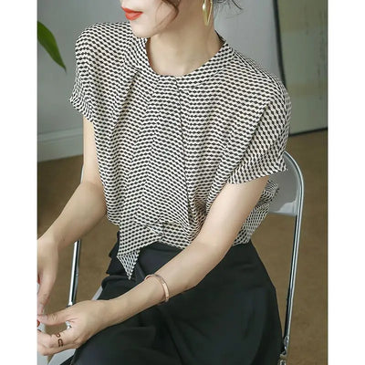 Striped Chiffon Shirt  Women Short-sleeved Fashionable Loose French Chic Feminine Belly Covering Top