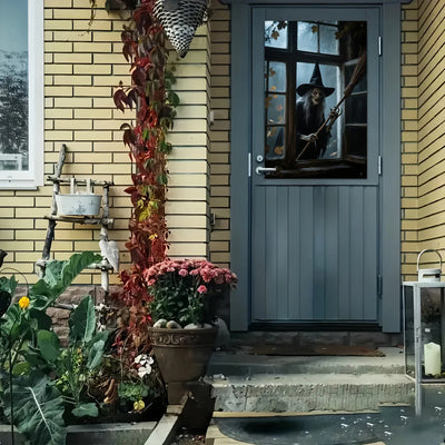 The Halloween party of the haunted house witch in the window, the witch wearing a hat and a broom emerging from the foggy window