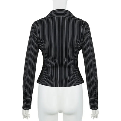 Chic Elegant Striped Button-up Shirt Black Casual Basic Women Slim-fitting Blouse Vintage Turn-down Collar Long Sleeve Tops