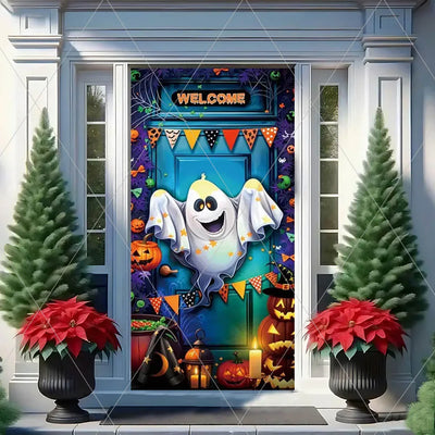 Horror Halloween Theme Background Vertical Hanging Cloth Door Decoration Witch  Bat Backdrop Supplies Room Decor Props Kid Gifts