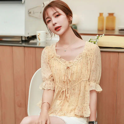 Camisas y blusas para mujer Top sencillo con volantes y estampado Nueva colección 2024 Moda coreana Novedades de verano con estilo Talla M