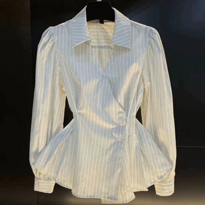 Blusas de mujer con cuello vuelto, manga larga, rayas Y2k, ropa de calle, elegante, empalme, cintura alta, ajustadas, para trabajo, 2025