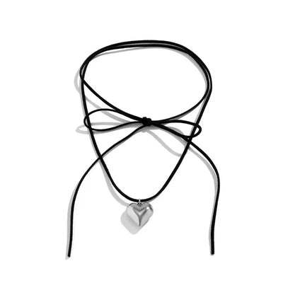 Adjustable Layered Heart Pendant Necklace Knotted Bowknot Rope Choker Neck Tie Chain Fashion Elegant Clavicle Necklace Jewelry