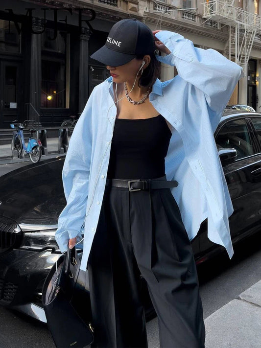 MUJER 2025 Blue Oversize Shirt Women Button up Shirts and Blouses for Women Long Sleeve Casual Women Shirt Semi Sheer Women Tops