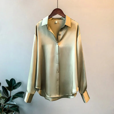 Women Shirt Turn-down Collar Solid Color Satin Blouses Fashion Autumn Office Lady Elegant Tops Spring Long Sleeve Clothing