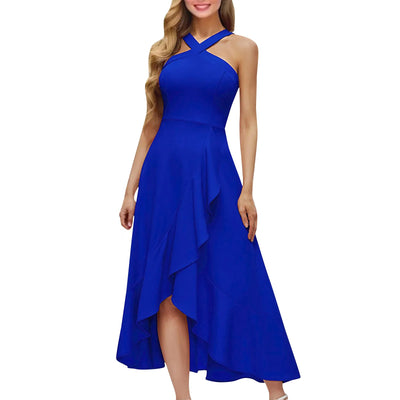 Party dresses for women Elegant halterneck sleeveless sexy evening dress Solid Color Ruffle design long dresses vestidos curtos