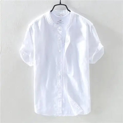 Short-sleeved Shirt Men's Stand Collar Loose Retro Thin Breathable Versatile Inch Clothes Dark Blue Cotton Linen Simple Casual