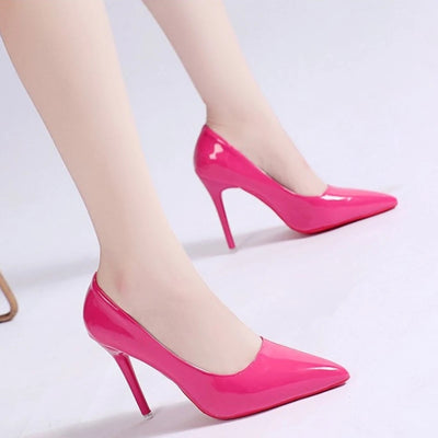 High-heeled shoes women fine heel pointed head design sexy temperament bright leather French patent leather women's shoes