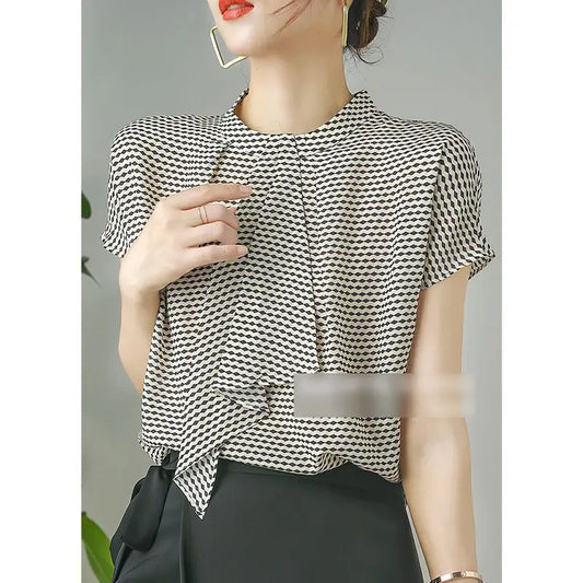 Striped Chiffon Shirt  Women Short-sleeved Fashionable Loose French Chic Feminine Belly Covering Top