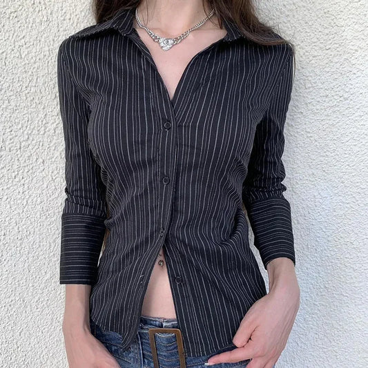 Chic Elegant Striped Button-up Shirt Black Casual Basic Women Slim-fitting Blouse Vintage Turn-down Collar Long Sleeve Tops