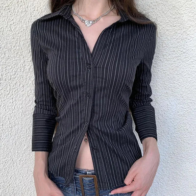 Chic Elegant Striped Button-up Shirt Black Casual Basic Women Slim-fitting Blouse Vintage Turn-down Collar Long Sleeve Tops