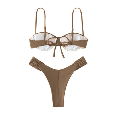 Meihuida Classics Basics Women Swim Bikini Suit, Solid Color Pleated Sleeveless Bra+ Shorts Briefs Swimwear Swimsuit