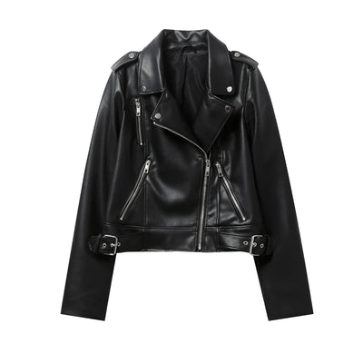 RARF 2024 Women's Spring Black faux-leather jacket Casual zipper and belt Cycling jacket Casual jacket jacket