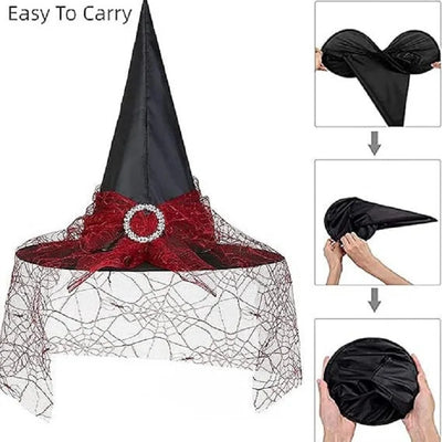 Witch Hat Halloween Hat Decoration Props for Adults Children Cosplay Witch Net Gauze Headwear Polyester Taff Witch Halloween