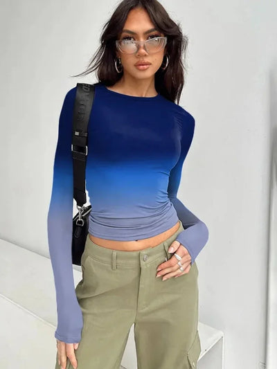 Gradient Color T Shirts For Women Aesthetic Clothes Long Sleeve Crop Top Y2k Accessories O-neck Tshirt Slim Fit Ropa De Mujer