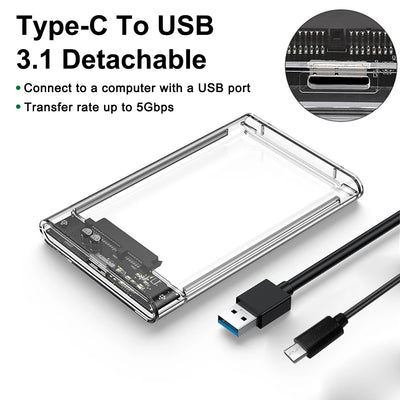 2.5'' External Hard Drive Enclosure USB 3.0 / 3.1 USB C to SATA III HDD Adapter 5Gbps Tool Free Clear External Hard Drive Case