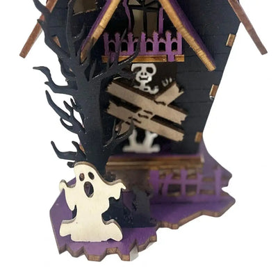 3D Wooden Halloween Puzzle DIY Haunted House Kit with Light-up Ghosts Halloween Party Centerpiece Interactive Decoration