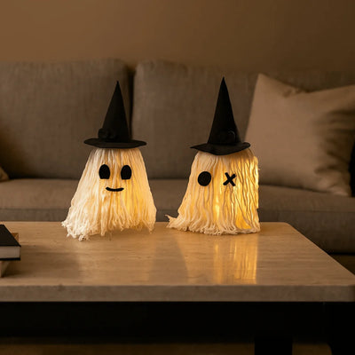 Luminous Halloween Hanging Ghost Light with Hat White Tassels Specter Ornaments DIY Expression LED Mop Head Desktop Decoration