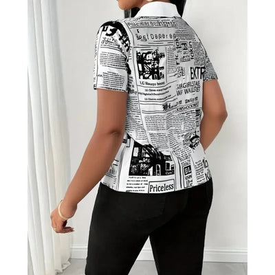 Women's Elegant Blouses Summer Fashion Newspaper Pattern Print Single Breasted Short Sleeve Women Shirt V-neck Casual Tops Shirt