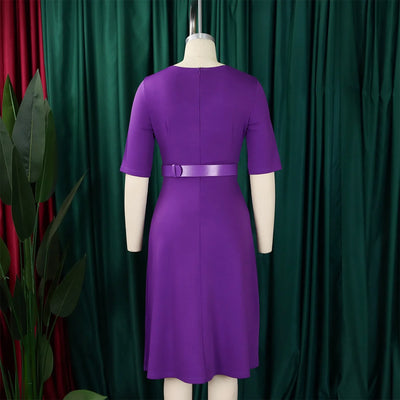 Elegant Dresses for Woman 2025 New V Neck Half Sleeve Belt Waisted Pleated Mid Calf Fashion Female Modest Business Work Gowns OL