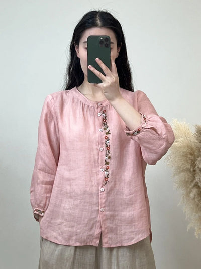 Shirt for Women Round Neck Embroidery Casual Versatile Loose Slimming 2025 Summer New Style Breathable Long Sleeves