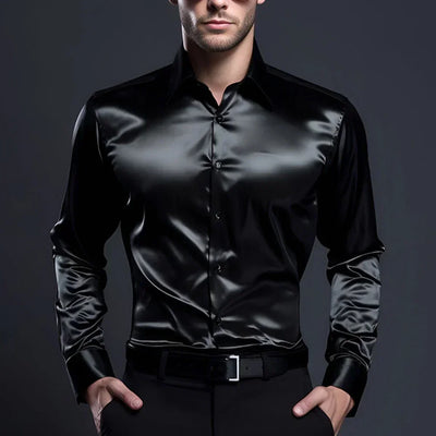 Elegant Satin Silk Men's Dress Shirt Slim Fit Long Sleeve Cocktail Party Luxury Button Down Casual Suit Shirt