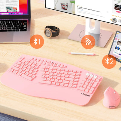 Ergonomic Wireless Keyboard Mouse Combo with Wrist Rest, 2.4G Bluetooth Dual Mode, Silent Click, Multimedia Keys for Office/Home