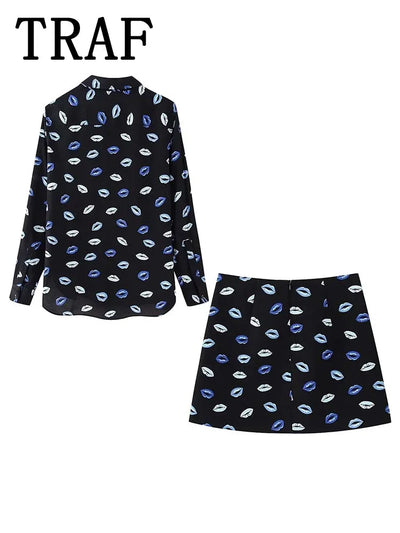 2024 Printed Women Mini Skirt Sets For Women 2 Pieces Long Sleeve Shirts Top Women Suits New Two Piece Set Women Outfit