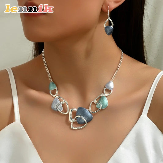 LENNIK New Hot Selling Round Oil Dripping Necklace Earring Set with High-end Feel, Irregular Design Earrings, Collarbone Chain