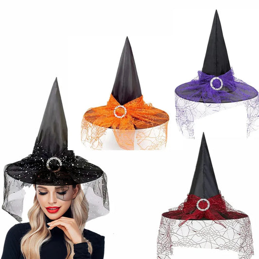 Witch Hat Halloween Hat Decoration Props for Adults Children Cosplay Witch Net Gauze Headwear Polyester Taff Witch Halloween