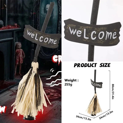 Electric Witch Broom Halloween Rustic Hay Welcome Sign Broom Prop Scary Porch Decoration Outdoor Yard Garden Holiday Accessories