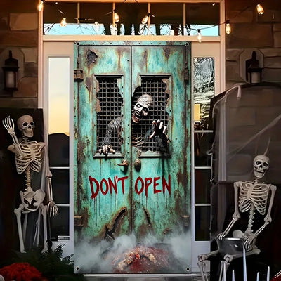 1pc Halloween Banner Flat Horror Skeleton Zombie Hanging Door Curtain Polyester Party Background Decoration Festive Decoration