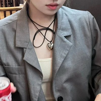 Adjustable Layered Heart Pendant Necklace Knotted Bowknot Rope Choker Neck Tie Chain Fashion Elegant Clavicle Necklace Jewelry