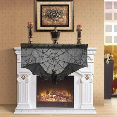New Halloween Lace Curtain Gothic Bat Tablecloth Fireplace Scarf Window Cover For Party Home Decoration Cobweb Halloween