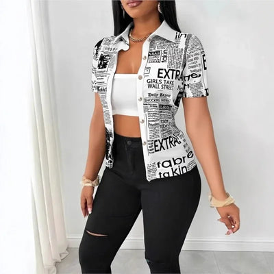 Women's Elegant Blouses Summer Fashion Newspaper Pattern Print Single Breasted Short Sleeve Women Shirt V-neck Casual Tops Shirt