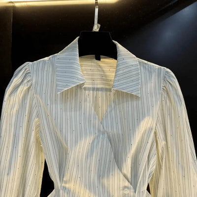 Blusas de mujer con cuello vuelto, manga larga, rayas Y2k, ropa de calle, elegante, empalme, cintura alta, ajustadas, para trabajo, 2025