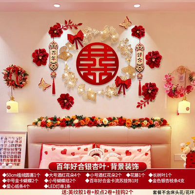 Chinese Happy Wedding Room Decor LED Shiny 3D Red Flower Bedroom TV Background Window Wall Engagement Party Decoration DIY