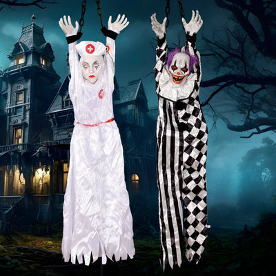 1PC Halloween Hanging Animated Decorations Talking Shaking Scary Clown with Chain Voice Control Outdoor Yard Haunted House Prop